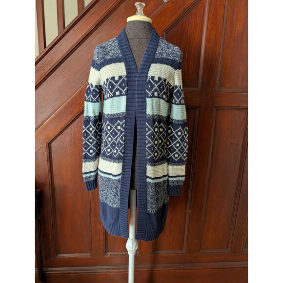 St Johns Bay Navy & Light Blue Nordic Open Front Duster Cardigan Sweater S - Picture 1 of 9